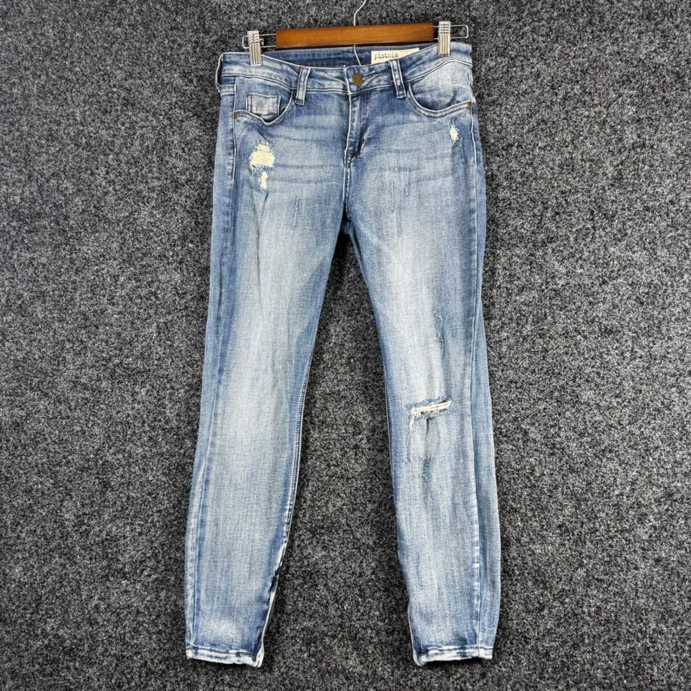 Pistola Distressed Skinny Jeans Blue Light Wash Ankle Zip P6576‎ Womens 28